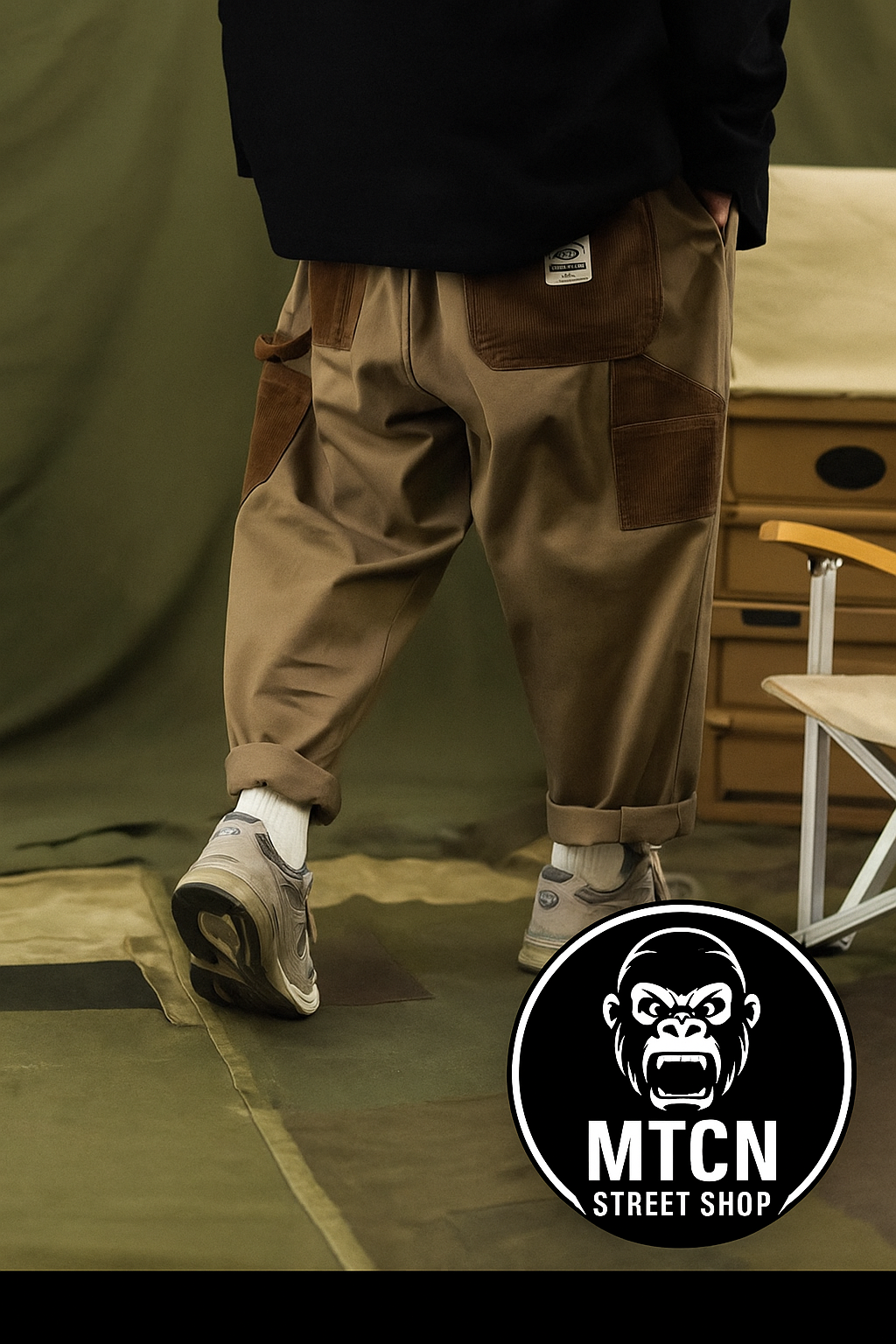 Pantalon Cargo Patchwork en Velours Côtelé pour Homme – Style Streetwear Décontracté avec Coutures Contrastées