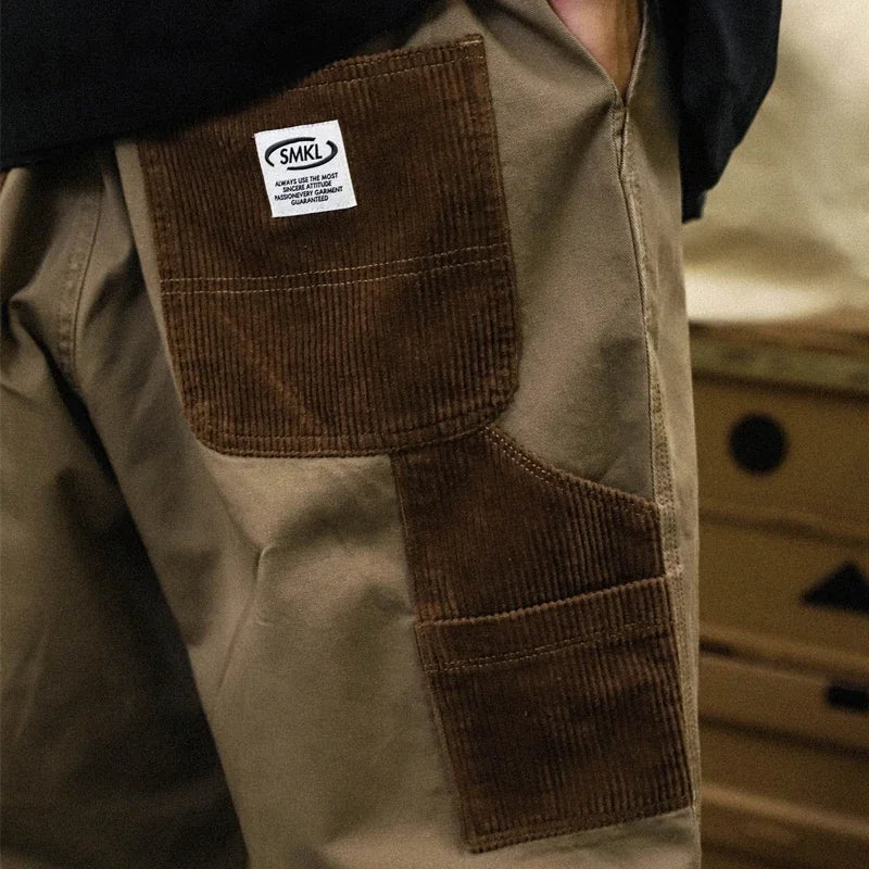 Pantalon Cargo Patchwork en Velours Côtelé pour Homme – Style Streetwear Décontracté avec Coutures Contrastées