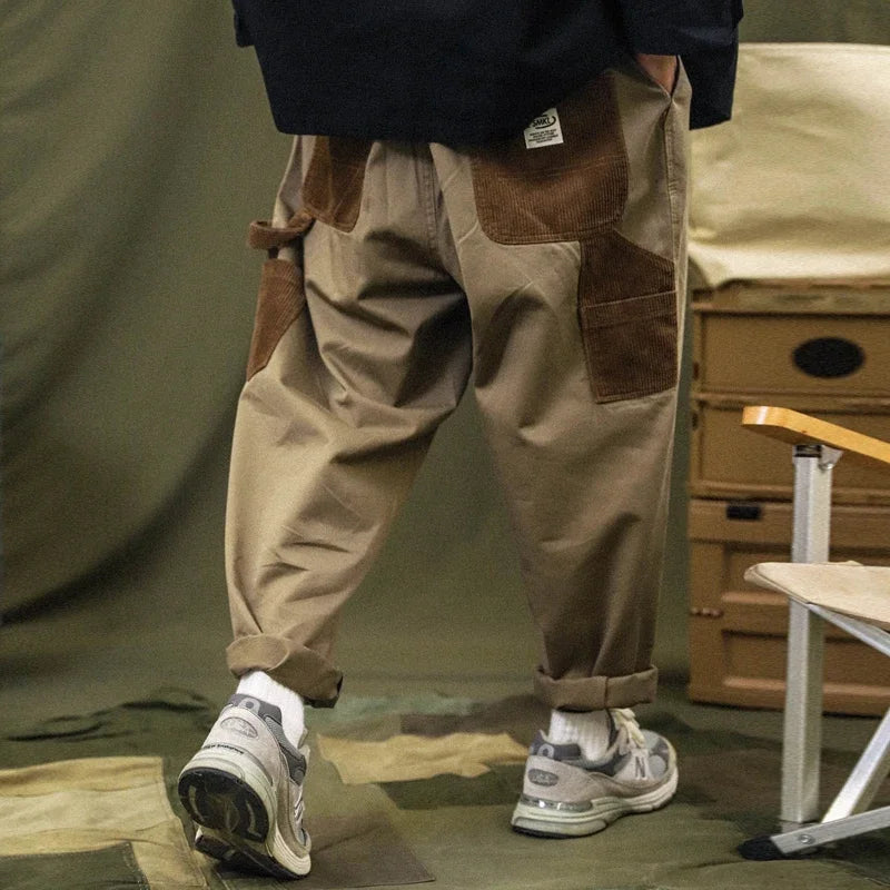 Pantalon Cargo Patchwork en Velours Côtelé pour Homme – Style Streetwear Décontracté avec Coutures Contrastées